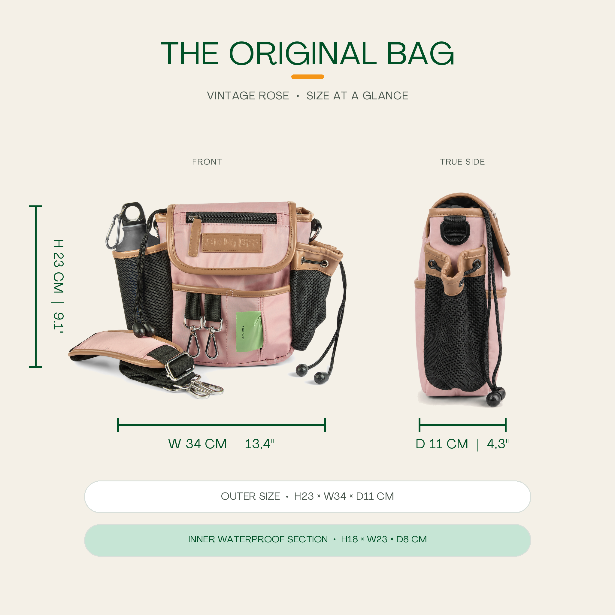 The Original Bag in Vintage Rose - size at a glance