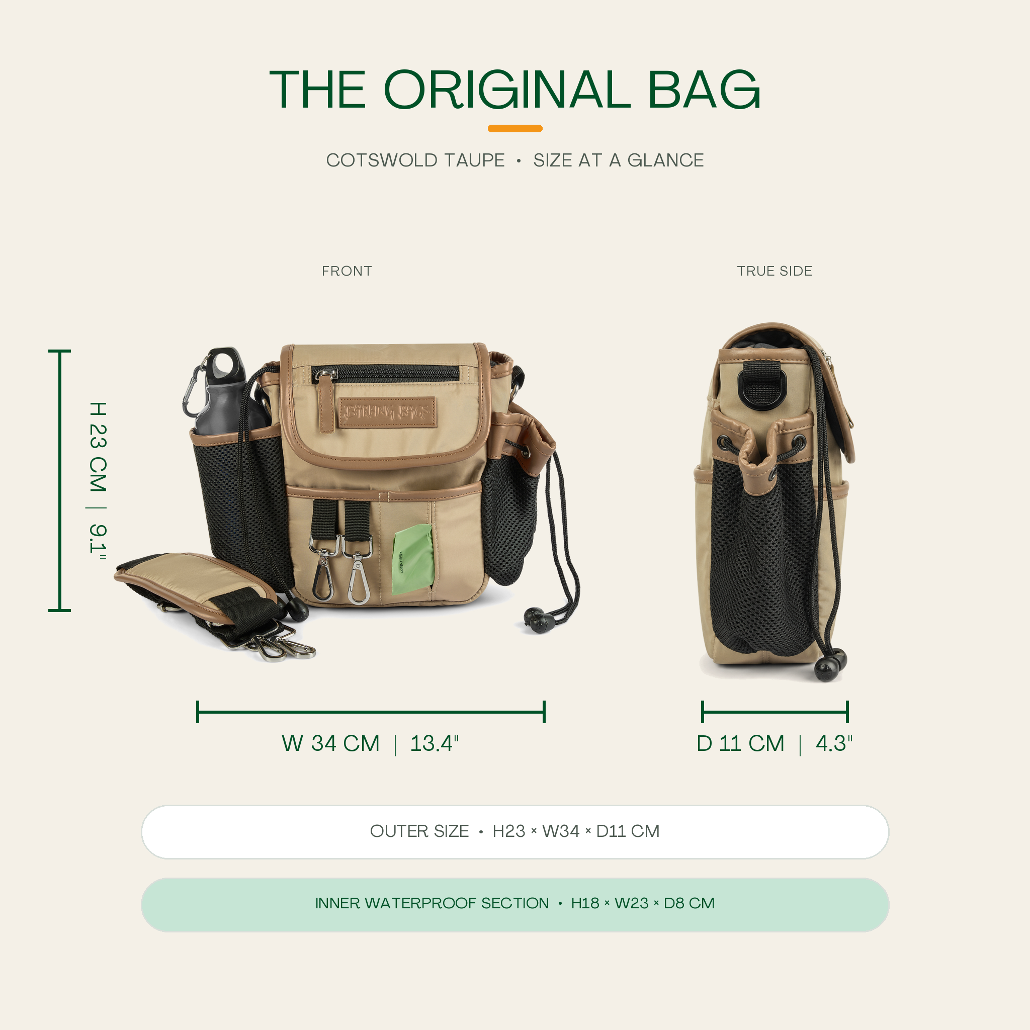The Original Bag in Cotswold Taupe - size at a glance