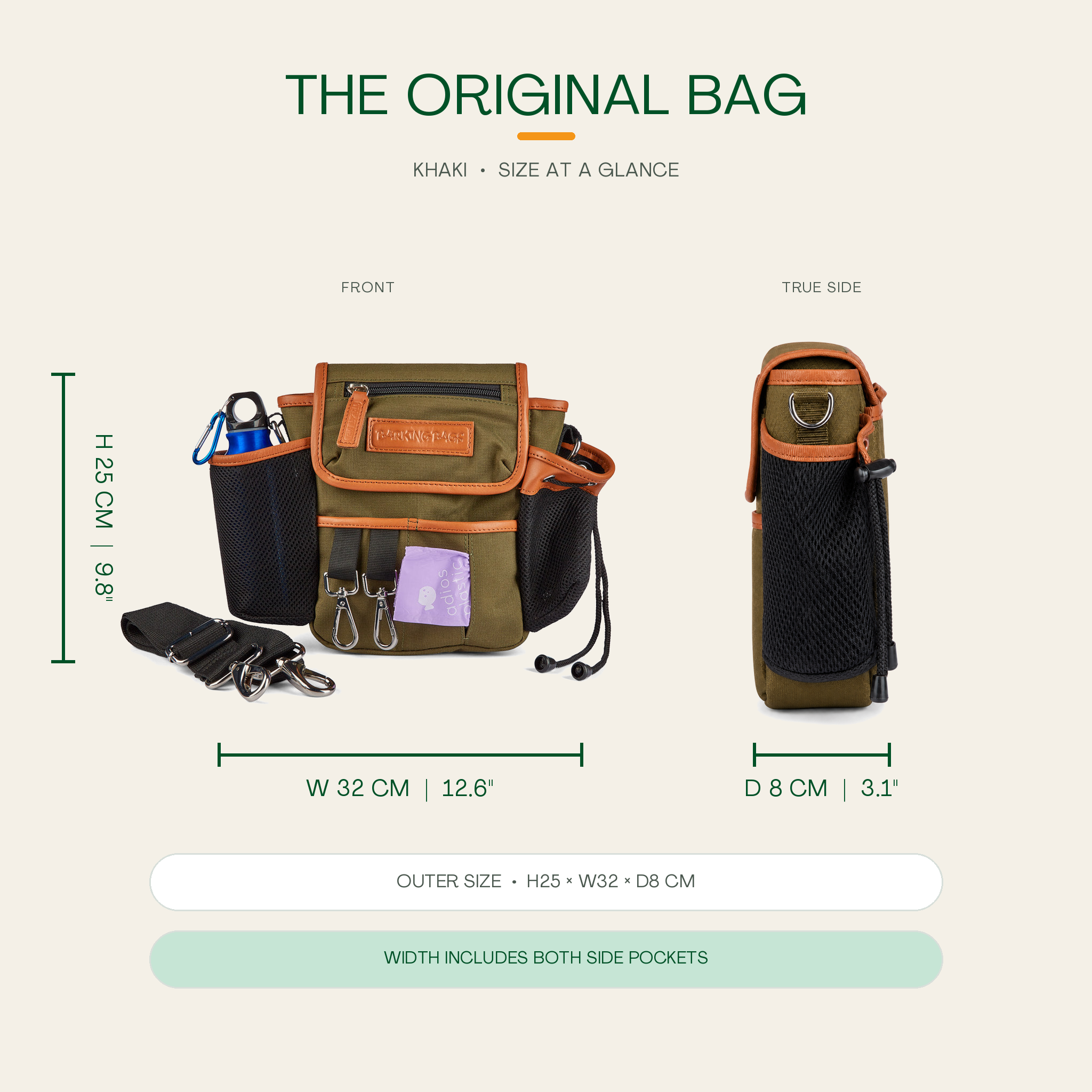 The Original Bag in Khaki - size at a glance