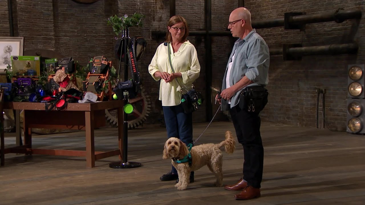 Barking Bags founders Debbie and Rob with Maisie in the Dragons' Den